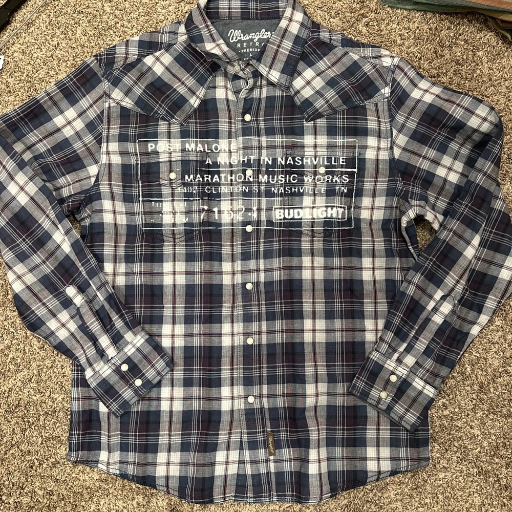 WRANGLER Retro Post Malone Nashville Snap Front Plaid Bud Light Western Shirt